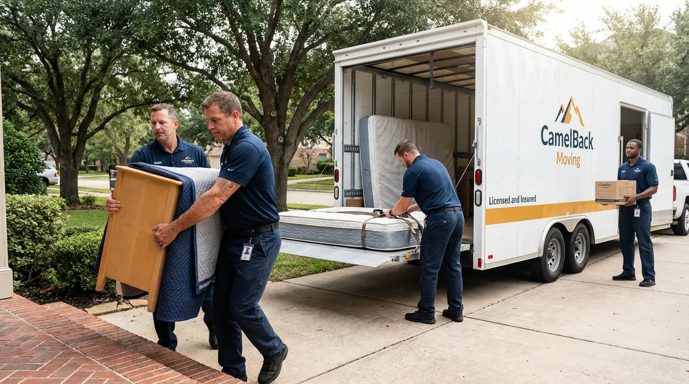 Crew loading residential truck for cross-state move from Eunice, LA