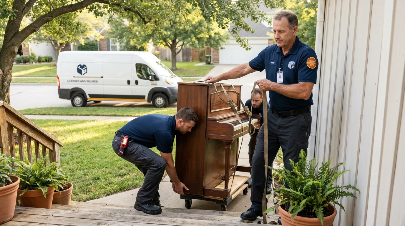 Licensed piano movers securing grand piano in Eunice, LA