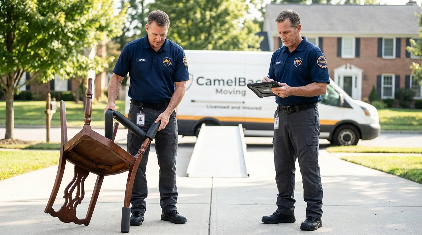 Movers inspecting furniture for damage prevention before loading in Eunice, LA