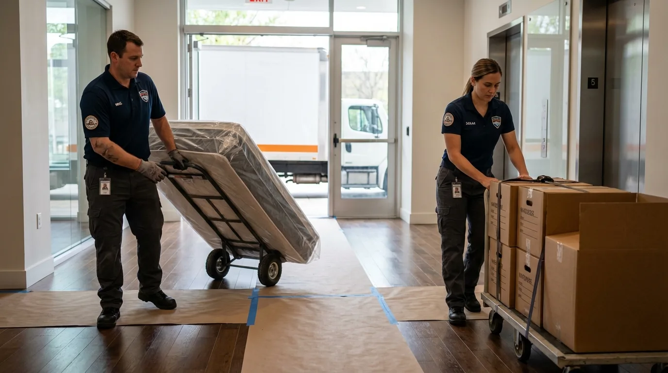Professional apartment movers loading elevator in Eunice, LA